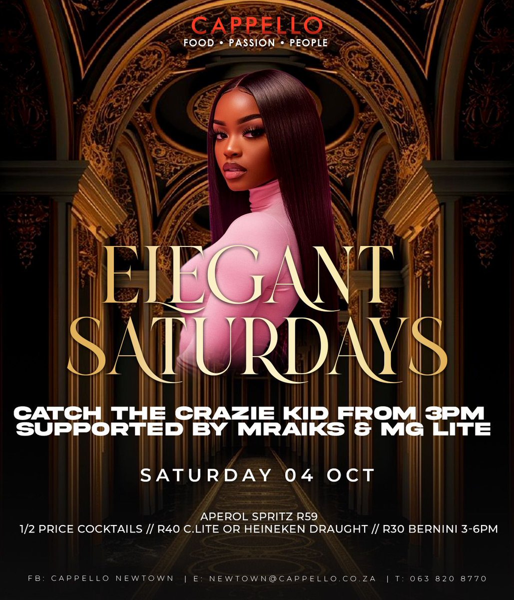 Come enjoy a vibe with a touch of sophistication✨

#CastleLite #Heineken #Bernini
#ElegantSaturdays #Saturdays   
#Food #Sips #Hookah #Music
#Cappello #Lifestyle #JHB  
#HalfPrice #Cocktails
#FoodPassionPeople