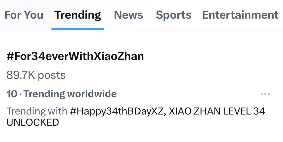 TRENDING: the hashtag is trending at 10!!! Fighting guys!! Keep pushing! 

XIAO ZHAN LEVEL 34 UNLOCKED

#For34everWithXiaoZhan #Happy34thBDayXZ