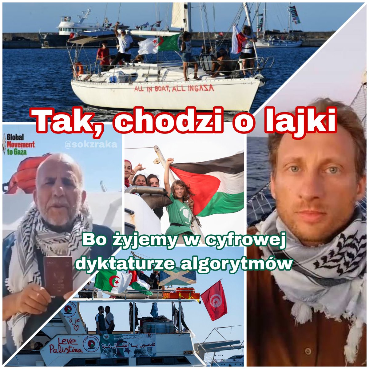 murczkiewiczyzm's tweet photo. Powiem brutalnie: Tak, chodzi o lajki. Tak, chodzi o zasięgi i wyświetlenia. Tak, chodzi o to żeby influencerzy aktywistyczni się pokazali. Bo mamy 2025 rok, żyjemy w cyfrowej demokracji, dyktaturze algorytmów które decydują o tym o czym należy rozmawiać, a co można zignorować. Media społecznościowe są współcześnie silnym narzędziem nacisku, z którym należy się liczyć. Twierdzenie, że jest inaczej jest zwykłym zaklinaniem rzeczywistości.

To prawda, Flotylla Sumud nikogo by nie obchodziła gdyby nie była akcją nagłośnioną medialnie i firmowaną twarzami takimi jak Greta Thungberg i poseł Sterczewski. O zwykłych pomagających po cichu wolontariuszach się nie rozmawia, o zabitego przez IDF Damiana Sobóla mało kto się upomina, myślę że mało kto już nawet pamięta że ktoś taki istniał i zginął w Gazie niosąc pomoc. Tak, jednym z celów Floty jest zwrócenie uwagi na sytuację humanitarną w Gazie i wywarcie presji nie tylko na Izrael, ale też na międzynarodową opinię publiczną. Zresztą to właśnie potęga social mediów sprawiła, że wielu liderów tego świata zrewidowało swój pogląd na Izrael i Palestynę. Polityka i nie tylko polityka w trzeciej dekadzie XXI wieku to jest również internetowe show, kto tego nie rozumie ten przegrywa na starcie. 

A wbrew różnym złośliwym komentarzom - lwia część zatrzymanych przez władze Izraela aktywistów odmówiła dobrowolnej deportacji i stanie przed sądem, choć mieli wybór "zakończyć zabawę".