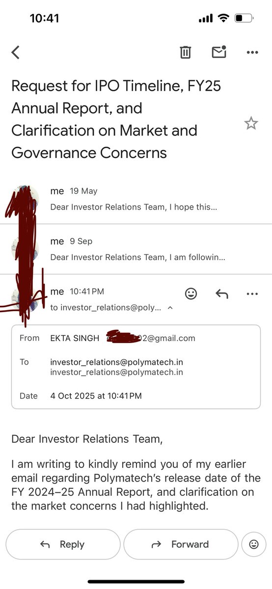 shubhamsingh77's tweet photo. @FrutiR17260 @polymatech Despite multiple reminders, no response from #Polymatech. Holding 4,000 shares &amp; price keeps crashing despite govt support. Why no simple, transparent timeline for results &amp; updates like other companies? Silence erodes #InvestorTrust. #CorporateGovernance #InvestorsRights https://t.co/LdmEP01VFr