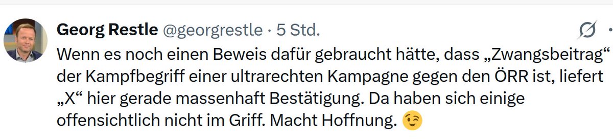 Wir müssen wechselndes Wetter als „Klimakatastrophe” bezeichnen, leere Kliniken als „überfüllt”, Halluzinationen als „Drohnen” und den Zwangsbeitrag als „freiwillige Spende”. Sonst sind wir rechtsradikal!

Hintergrund: Die Forderung, Zwang freiwillig zu nennen, illustriert besser