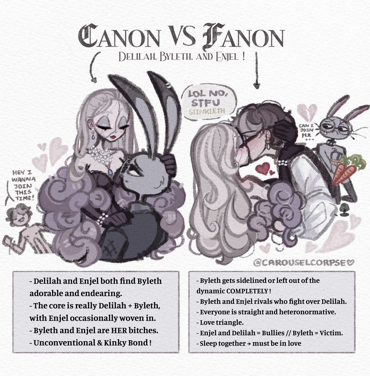 carouselcrpse's tweet photo. Canon vs Fanon art trend thing featuring my Ocs Delilah Belrose, Byleth Bramblewood, and Enjel Dove.

#Illustration #WhisperHollow #ArtistOnTwitter #Suggestive #Spicy #Throuple #3P #Furry #FurryOC #Yandere #Stalker https://t.co/18mikJrzNo