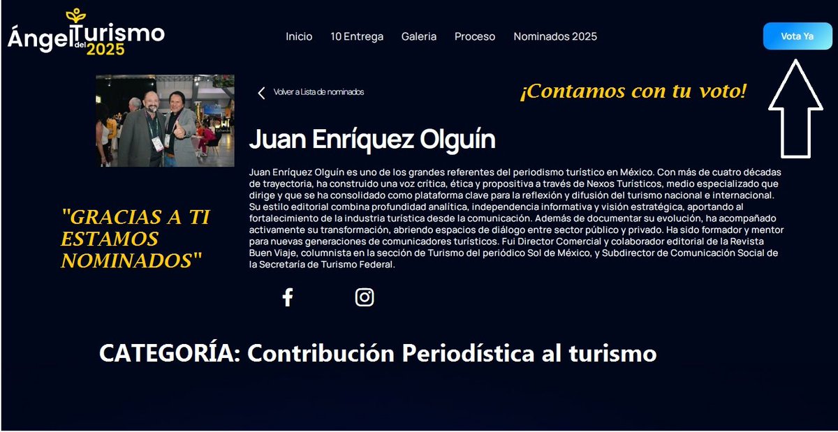 ✨️ ¡COMUNIDAD TURÍSTICA; GRACIAS POR SU VOTO DE CONFIANZA! ✨️

📌 Amigos hoteleros, restauranteros, agentes de viajes, guías, touroperadores y a toda la comunidad turística, les comunicamos con mucha alegría que Juan Enríquez, nuestro Director General de Nexos Turísticos, fue