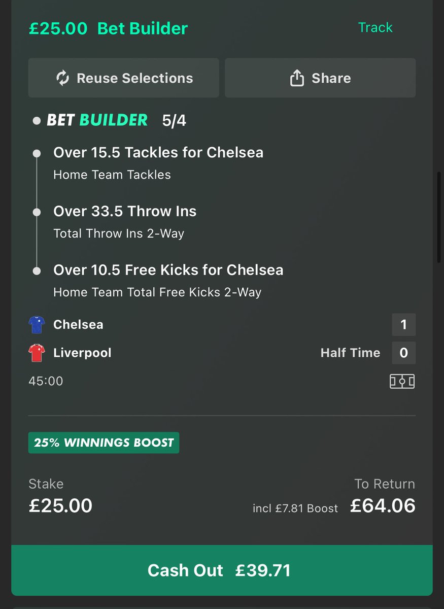 HALF TIME UPDATE:

10/16 Chelsea tackles ⏳
22/34 throw ins ⏳
6/11 Chelsea free kicks ⏳

Konate and James also on one foul each.

Main bet is looking good here, way over half way there and plenty of time for the longshots 👀