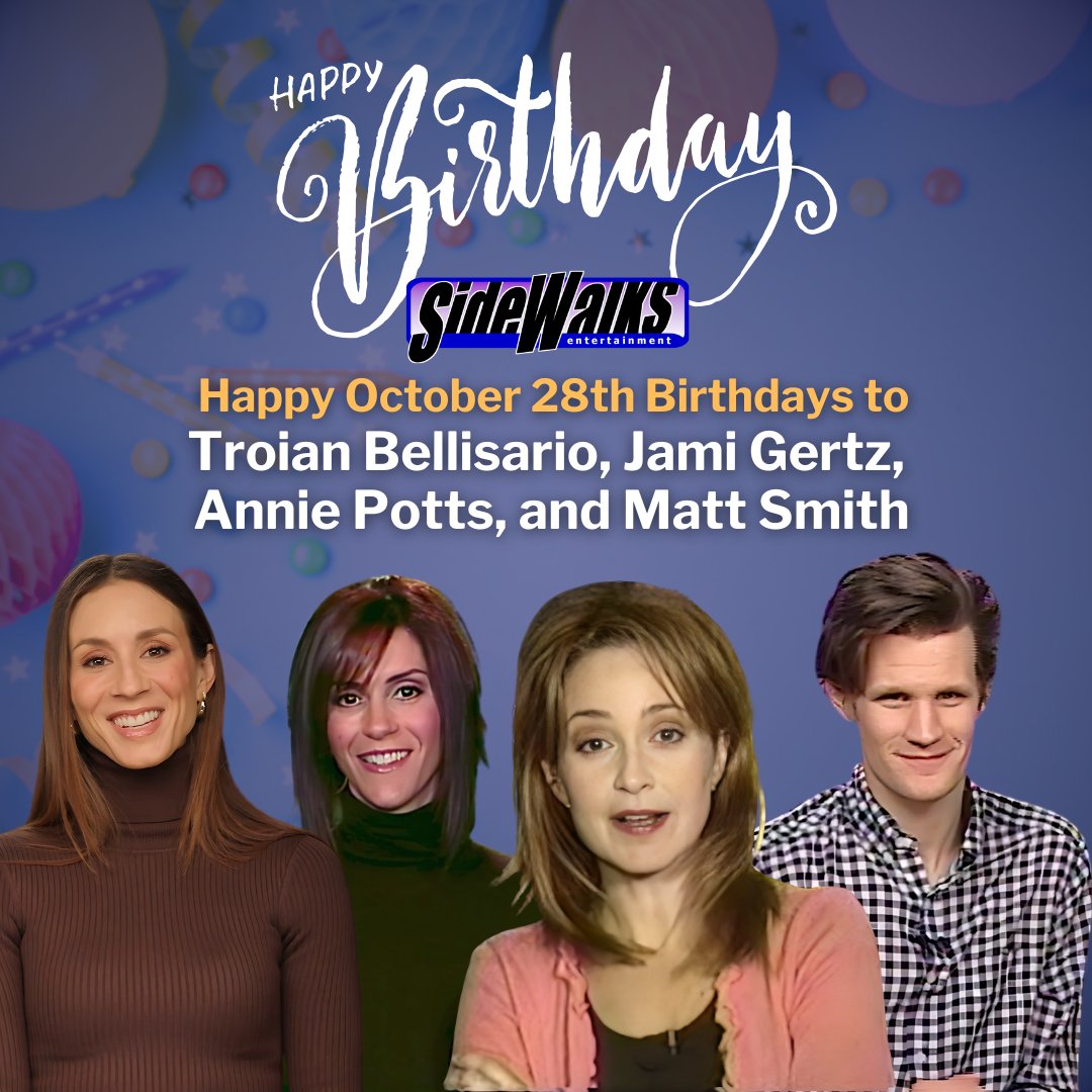 SidewalksTV's tweet image. Happy October 28th birthdays to our TV guests: Troian Bellisario (Pretty Little Liars), Jami Gertz (Still Standing), Annie Potts (Designing Women), and Matt Smith (Doctor Who).

#TroianBellisario #JamiGertz #AnniePotts #MattSmith #happybirthday #celebritybirthday #birthday