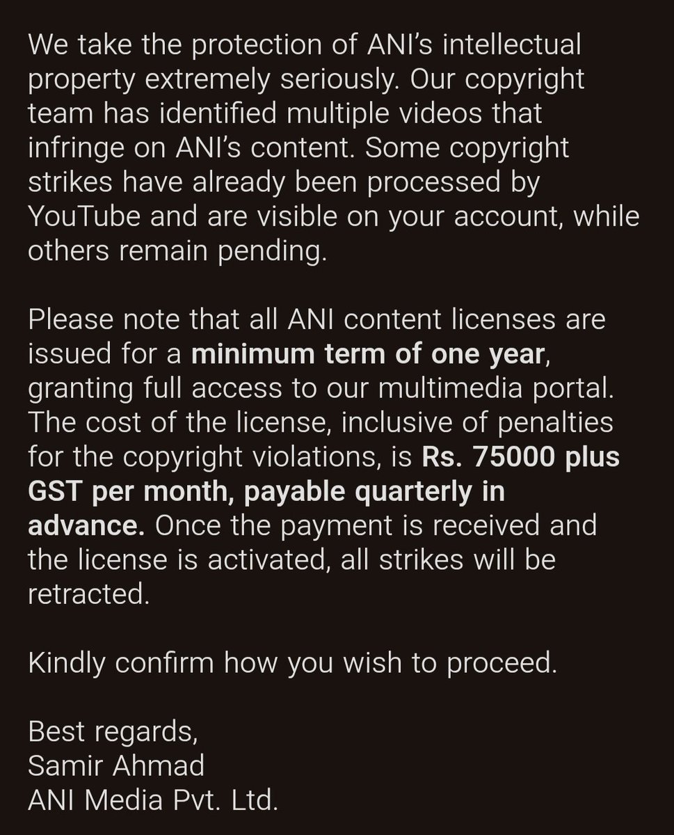Dear <a href="/mohakmangal/">Mohak Mangal</a>
I sincerely request your help regarding the issue with ANI, as <a href="/navyug_tv/">Navyug TV</a> YouTube channel is at risk of suspension.