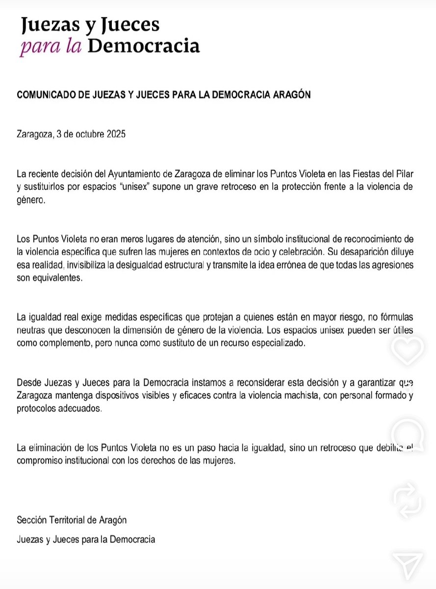 Comunicado de Juezas y Jueces para la Democracia en Aragón respecto a la decisión del Ayuntamiento de Zaragoza de suprimir los "Puntos Violetas" en las Fiestas del Pilar👇