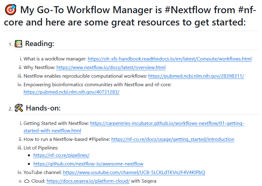 gurpreet_bioin4's tweet image. 🧬How do you turn processing NGS / Omics data (Upstream analysis), into a stress-free and organized experience instead of chaos?
💡 A Workflow Manager lets you run multiple tools.
🎯 My Go-To one is #Nextflow and 👇are great resources to get started:
bit.ly/4ntoOiq