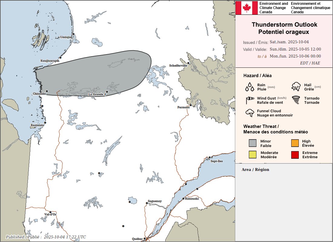 ECCCWeatherQC's tweet image. Thunderstorm outlooks for Quebec valid overnight and tomorrow, October 5th.
Any report of damage can be sent to Environment and Climate Change Canada using #QCstorm or by emailing QCstorm@ec.gc.ca.
