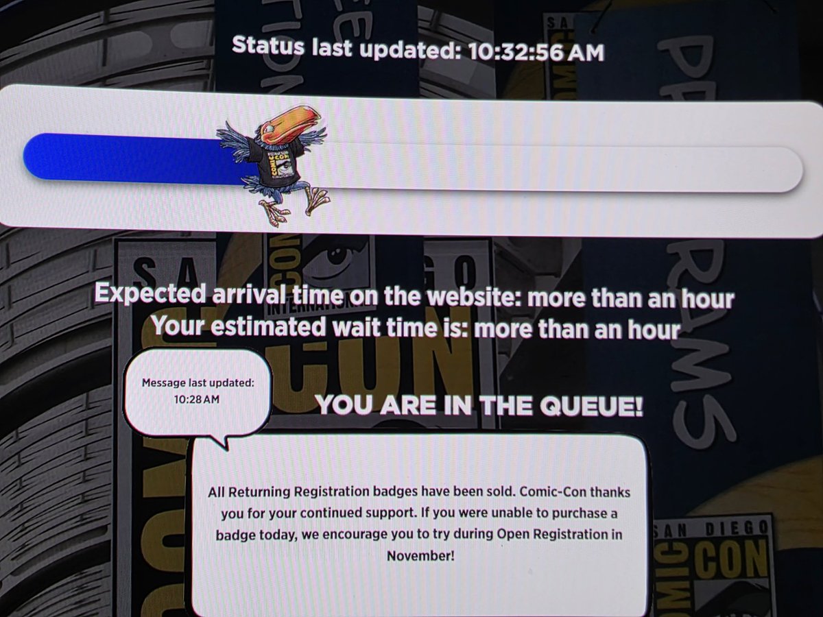 patmc4fun's tweet photo. Sold out... and I *STILL* have more than an hour wait. The Comic Con gods are cruel.  #SDCC #SDCC2026 https://t.co/2pIBJFBD1i