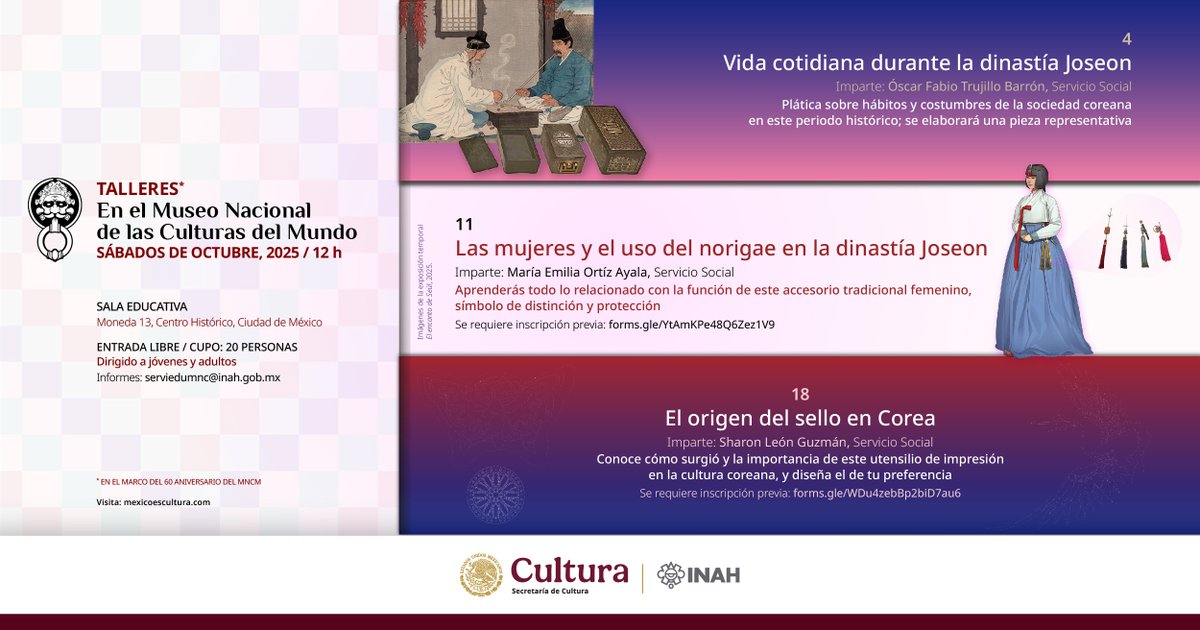 MuseoCulturas's tweet photo. Ven al #taller "Las mujeres .. norigae ... Joseon". Conoce este accesorio femenino. Imparte: María Ortiz Ayala, Servicio Social, Comunicación educativa.

🗓️#Sábado 11 de octubre
📌Sala Educativa del #MNCM
🏛️Moneda 13, Centro Histórico, #CDMX
⏰12 h
🪑 20
📝https://t.co/YC4NA3Ii5T https://t.co/XhFvQmBQF1
