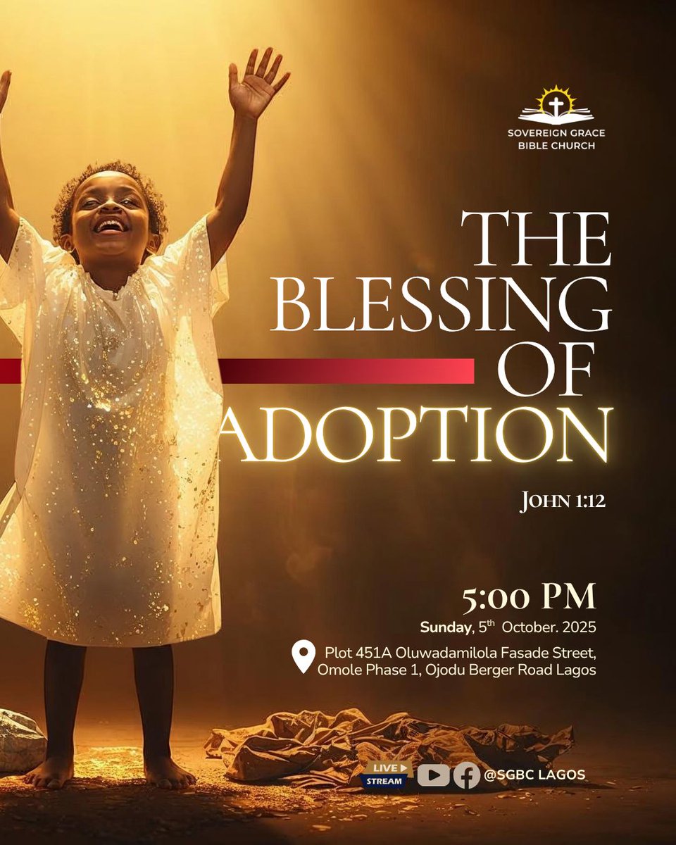 Join us this Sunday, October 5 2025, at 9:00 AM and 5:00 PM for the morning and evening worship services, respectively. Our morning services begin with a doctrinal class. Both services will be live streamed on YouTube and Facebook: SGBCLagos. See the e-flyers for more details.