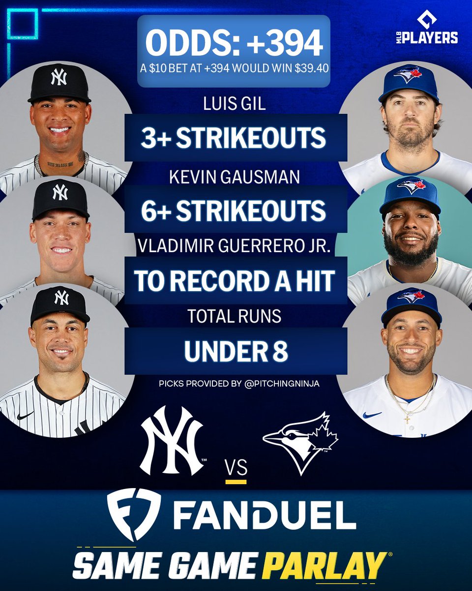 MLB Picks (@mlbpicks) on Twitter photo The <a href="/Yankees/">New York Yankees</a> and <a href="/BlueJays/">Toronto Blue Jays</a> square off in #ALDS Game 1 at Rogers Centre.
Odds via <a href="/FDSportsbook/">FanDuel Sportsbook</a>, Picks via <a href="/PitchingNinja/">Rob Friedman</a> The <a href="/Yankees/">New York Yankees</a> and <a href="/BlueJays/">Toronto Blue Jays</a> square off in #ALDS Game 1 at Rogers Centre.
Odds via <a href="/FDSportsbook/">FanDuel Sportsbook</a>, Picks via <a href="/PitchingNinja/">Rob Friedman</a>