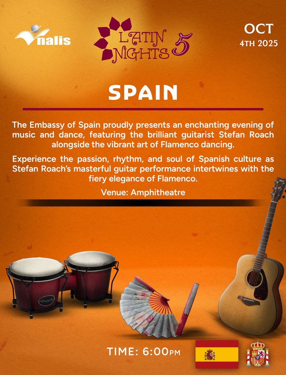 Latin Nights 5!
Join us at the Amphitheatre, National Library of Trinidad and Tobago, this evening at 6:00pm, as the Embassy of Spain presents a cultural performance.
Come see guitarist Stefan Roach and band alongside Flamenco dancing.