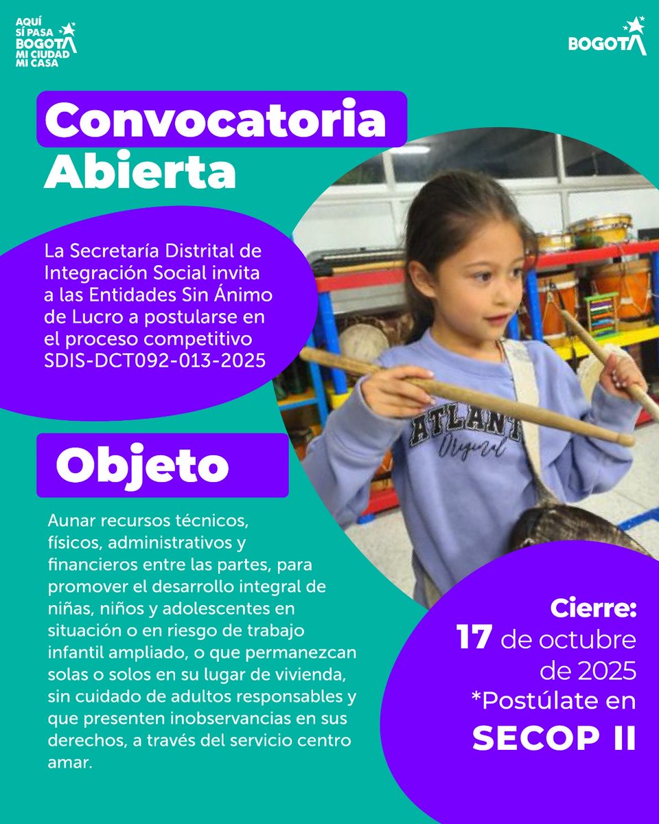 integracionbta's tweet photo. 📢 Convocatoria abierta
La @integracionbta invita a las Entidades Sin Ánimo de Lucro (ESAL) a participar en el proceso competitivo SDIS-DCT092-013-2025 para la implementación del servicio Centro Amar en Bogotá.

Atención integral a niñas, niños y adolescentes en riesgo o situación de trabajo infantil.
🗓️ Hasta el 17 de octubre de 2025
🔗 https://t.co/YkmBHJ4f4J

#CentroAmar #ConvocatoriaSDIS #BogotáCuida