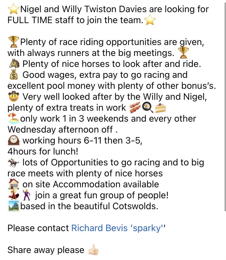 🌟🐎With more horses rocking up the past couple of weeks. Nigel and Willy Twiston Davies Racing looking for more team members. Please get in touch and share about 🌟