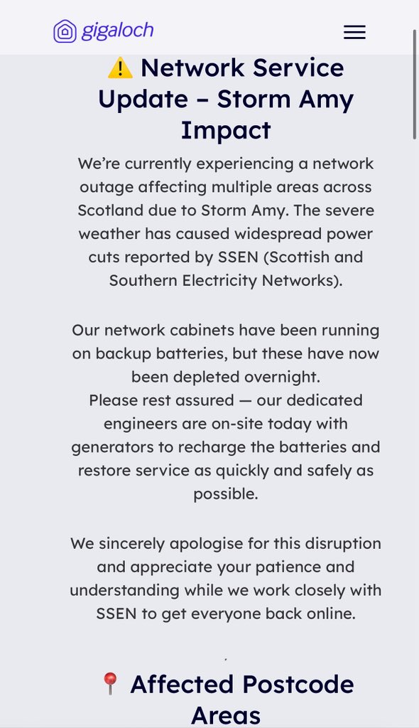 Can you update us please <a href="/gigaloch/">gigaloch</a> your “update” from this morning does not include PH3 postcode and you don’t have any out of hours contact! <a href="/ssencommunity/">Scottish and Southern Electricity Networks</a> have restored power but fibre is still not back… surely those batteries are charged 🤔