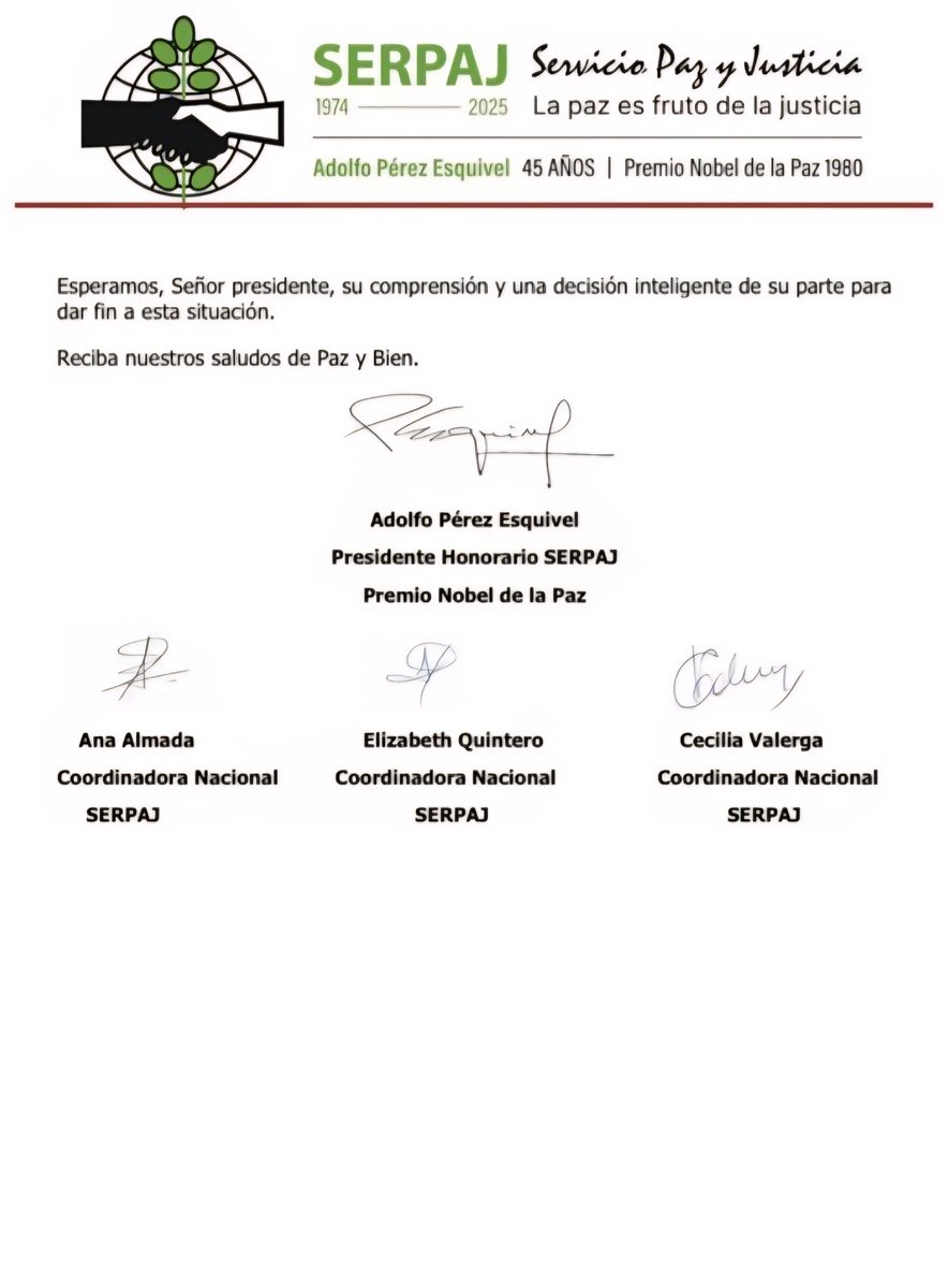 #ATENCIÓN | El Premio Nobel de la Paz y Pdte. honorario del Servicio Paz y Justicia (SERPAJ), Adolfo Pérez Esquivel, envió una carta a Daniel Noboa en la que repudia la violencia ejercida por las fuerzas del Estado durante el #ParoNacional2025 convocado por la CONAIE.