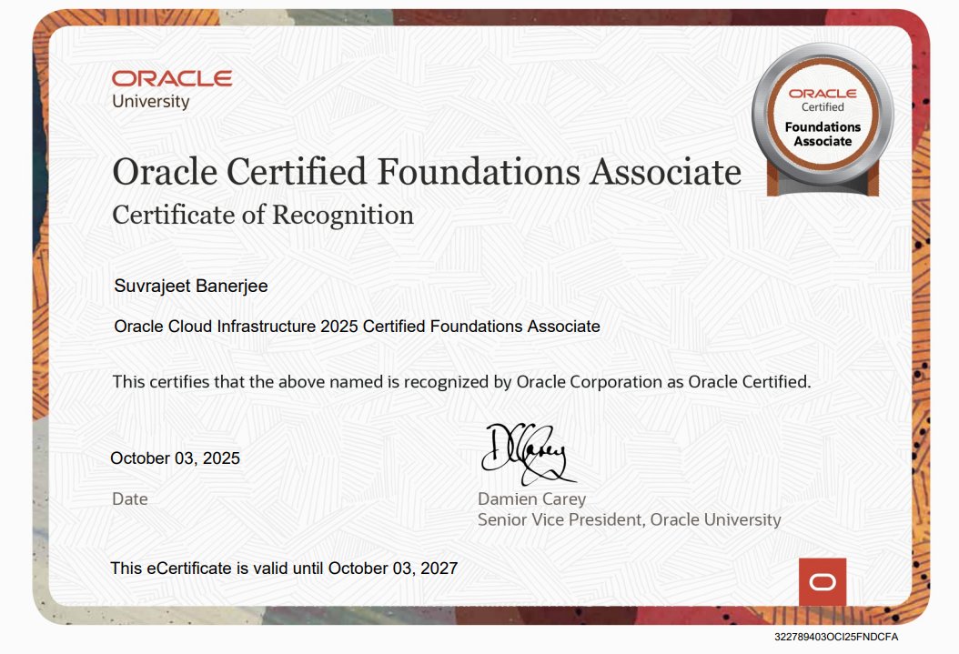 _suvrajeet_'s tweet image. ☁️ Oracle Cloud Infrastructure (OCI) ☁️
🏅 Officially OCI Foundations Associate Certified!
#OCI #CloudCertification #OracleCloud