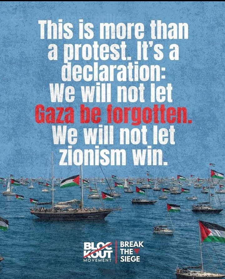 AmnaAkram00's tweet photo. The flotilla heading towardsGaza  is a united act of resistance with single goal:end the blockade on Gaza,when justice will come but we must always keep it in mind that change doesn't come from single act,it comes from many people moving together with purpose #HamasMeansPalestine https://t.co/EGpSczD2bB