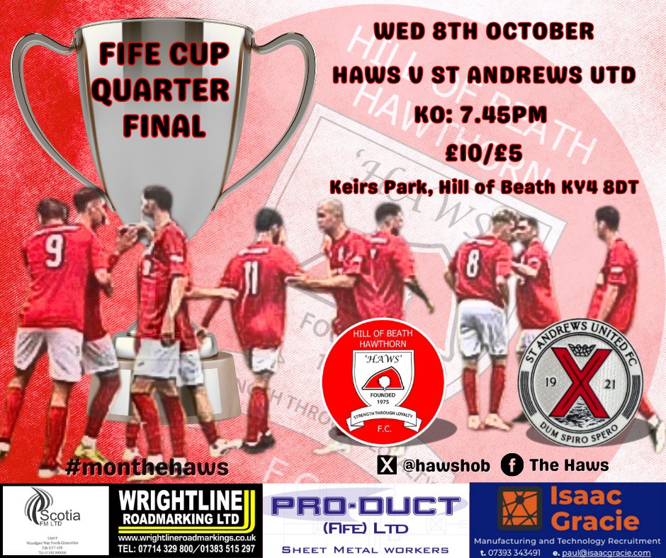 Next up... Midweek Fife Cup Football at Keirs Park
Hill of Beath Hawthorn F.C. v St Andrews Utd
⚽️Keirs Park
📅Wednesday 8th October 2025
⏲️KO 7.45pm
💷Entry £10/£5
📖 Programme £1
👩‍🍳Snack Bar Open
🔴⚪️🔴 <a href="/standrewsutdfc/">St Andrews United</a>