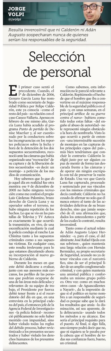 El texto de <a href="/jvolpi/">Jorge Volpi</a> es claro: totalmente inverosímil y cero creíble que ni Calderón ni Adán Augusto conocieran a sus más cercanos.