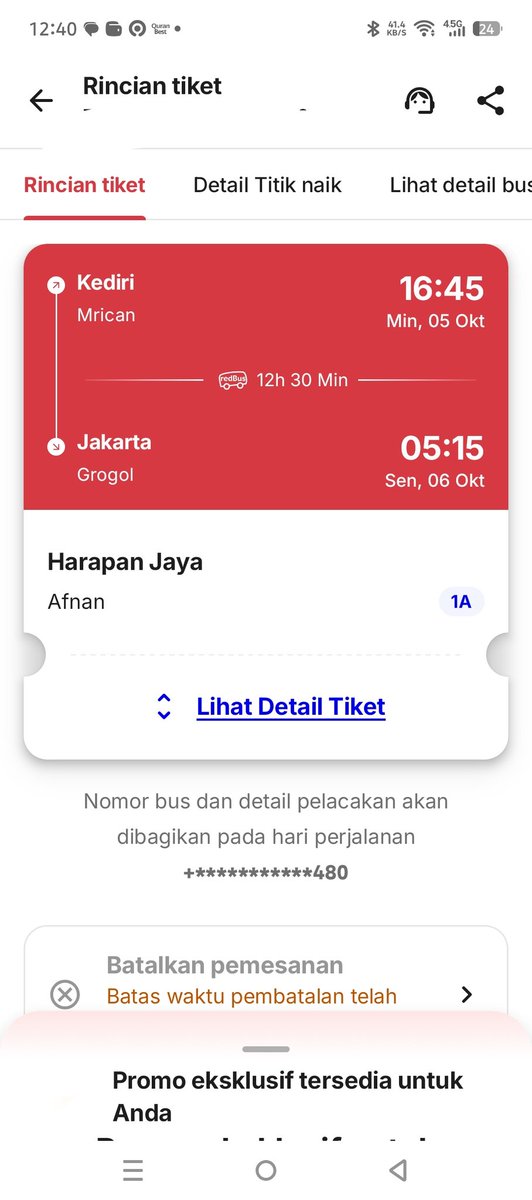 Dijual tiket bus Harapan jaya Kediri (Mrican) - Grogol (Jkt) berangkat minggu 5 Oktober

Harga tiket aslinya 380 saya jual 300 saja.

Sila wa 082296325480 apabila berminat