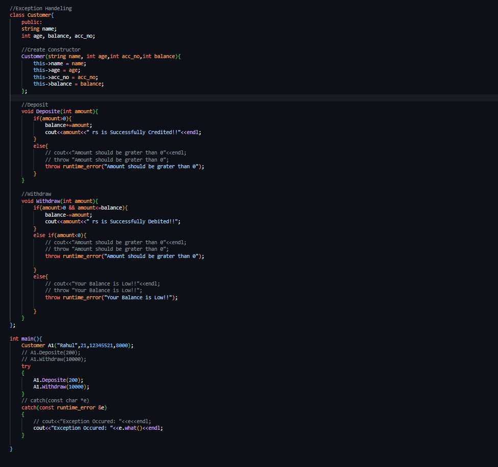 CHAYAN78905's tweet image. 🚀 #Day67 / #180DaysOfCode 🎯
DSA Journey in C++ 📚 | #CoderArmy
📌 Topics: OOP'S ⚡
✅ Exception Handling (try, catch, throw)
✅ How to create own Exception Class
✅ File Handling (ifstream, fstream, ofstream)
Thanks to @rohit_negi9 bhaiya🙌 for the amazing explanation!
#DSA