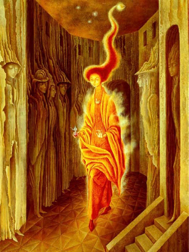 #Poemasderebeldía #AgustínGarcíaCalvo 

Libre te quiero,
como arroyo que brinca
de peña en peña,
pero no mía.
 
Grande te quiero,
como monte preñado
de primavera,
pero no mía (…)

Pero no mía,
ni de Dios, ni de nadie,
ni tuya siquiera.

🎨 Remedios Varo - “La llamada”