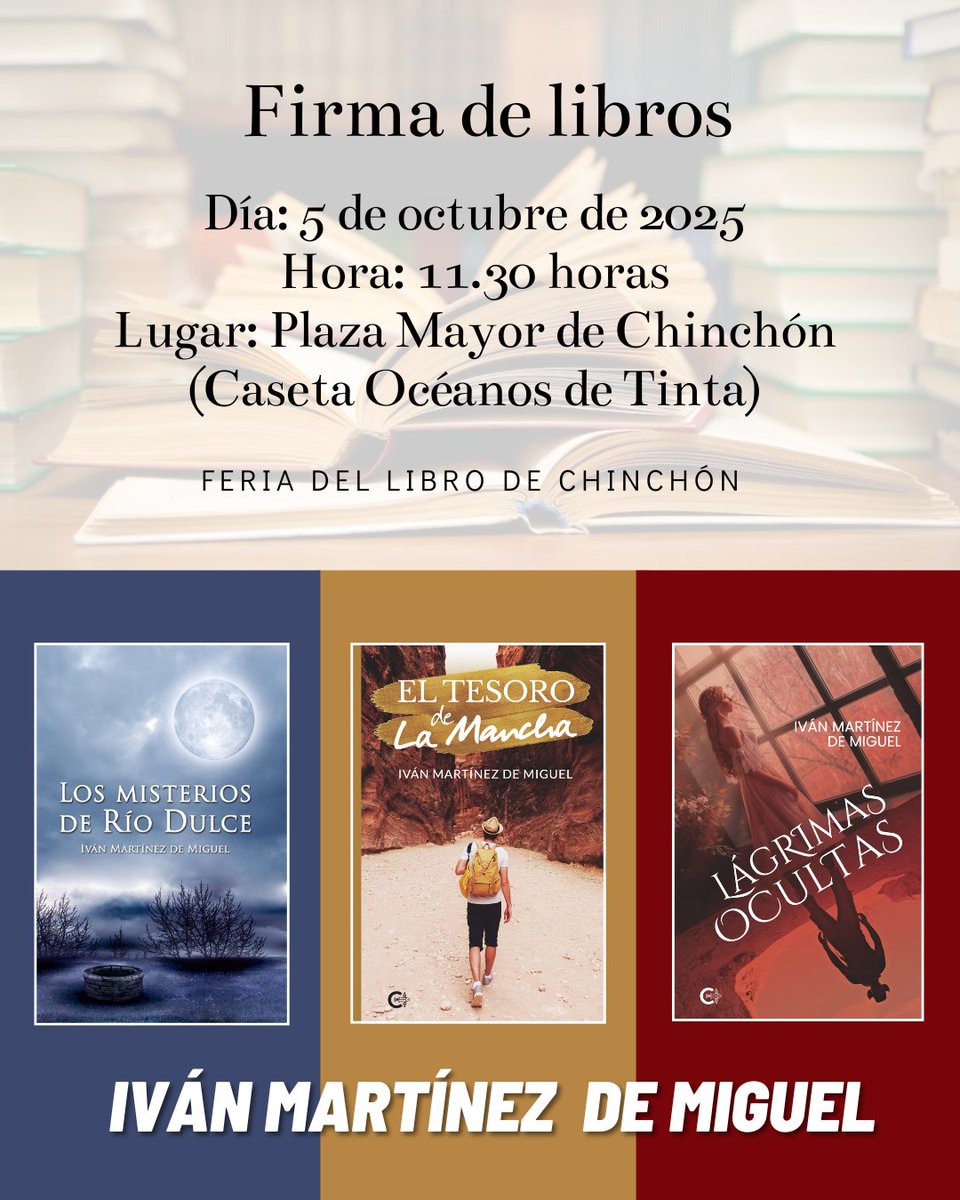 Este fin de semana estaré por segundo año consecutivo en la Feria del Libro de Chinchón. Una nueva oportunidad para conocer nuevos lectores en un espacio tan emblemático como su plaza mayor 😍 
📆 Día: 5 de octubre de 2025.
⏱️ Hora: 11.30 horas.
📍 Lugar: Plaza Mayor de Chinchón