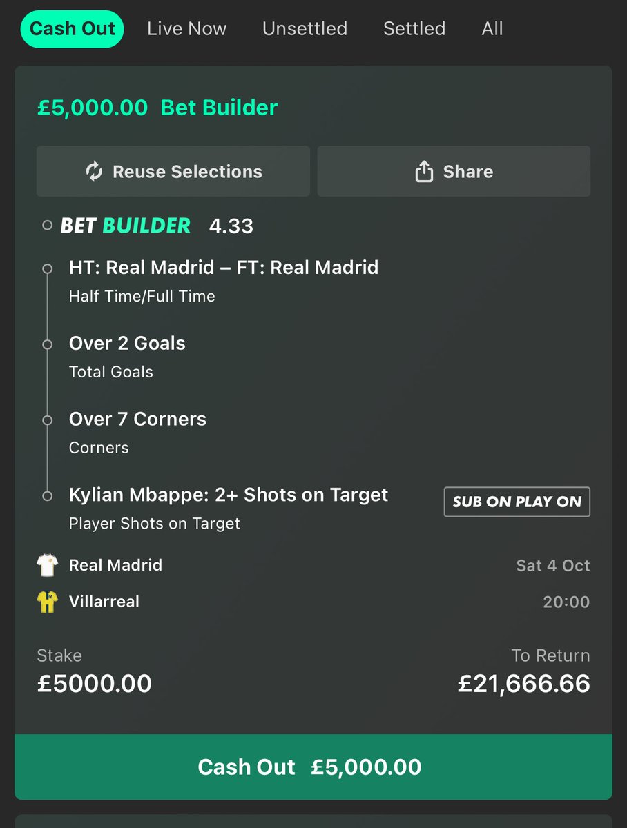 joebettingpot's tweet photo. 🔥 £5,000 ➡️ £21,666.66 POTENTIAL RETURN! 🔥

Real Madrid vs Villarreal — Bet Builder loaded:
✅ Real Madrid HT/FT
⚽️ Over 2 Goals
📊 Over 7 Corners
🎯 Kylian Mbappé 2+ Shots on Target

IF WE WIN, I’LL GIVE AWAY £3,000! 🚨💷

To enter:
❤️like
🔁 RT
💬 Comment
👤 Follow https://t.co/8z3G4QOTN2