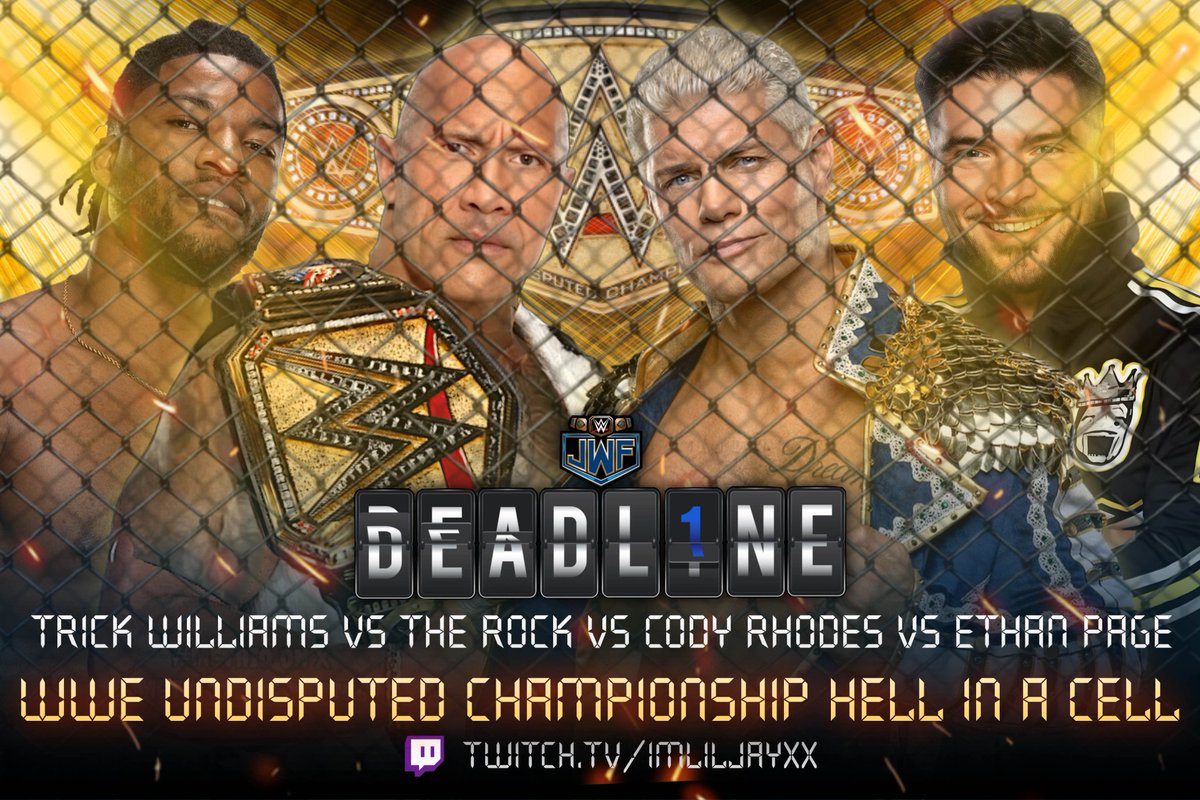 JWF (@officialjwfx) on Twitter photo DEADLINE, SUNDAY OCTOBER 5TH:
ALL FOUR MEN WANTED THIS, AND NOW THEY GOT IT. ๐
<a href="/TheSilentOneO1/">The Silent One</a> will defend the undisputed championship against <a href="/YassinM1303/">Yassin</a>, <a href="/caprhisunn/">๐ค ัฯฯฯะบั ัะฝฮนฮฑ ๐ IS SEEING TWICE !!</a> AND <a href="/Hargr64114Tommy/">FANOFWWE</a> THIS SUNDAY AT DEADLINE. DEADLINE, SUNDAY OCTOBER 5TH:
ALL FOUR MEN WANTED THIS, AND NOW THEY GOT IT. ๐
<a href="/TheSilentOneO1/">The Silent One</a> will defend the undisputed championship against <a href="/YassinM1303/">Yassin</a>, <a href="/caprhisunn/">๐ค ัฯฯฯะบั ัะฝฮนฮฑ ๐ IS SEEING TWICE !!</a> AND <a href="/Hargr64114Tommy/">FANOFWWE</a> THIS SUNDAY AT DEADLINE.
