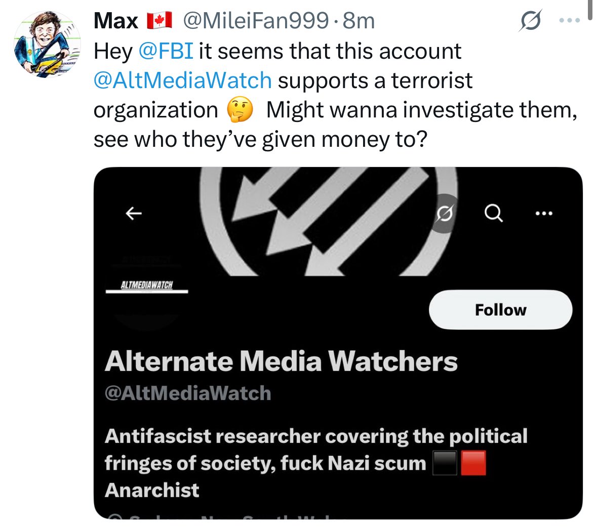 AltMediaWatch's tweet image. I love that a Canadian is begging an American law enforcement agency to investigate me, an Australian for being against fascism.