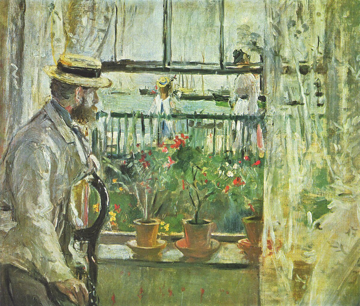 Eugène Manet on the Isle of Wight is an oil-on-canvas painting by French artist Berthe #Morisot. The painting depicts a man, Eugène Manet, relaxing at a hotel window with vases visible on the parapet. Manet is looking out the window as two elegantly dressed women in white pass by