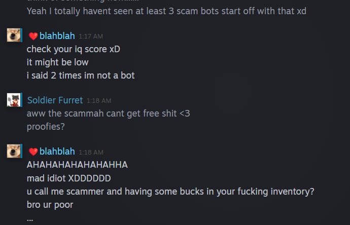 Thats the first time I have seen a Steam scammer get mad LMFAO