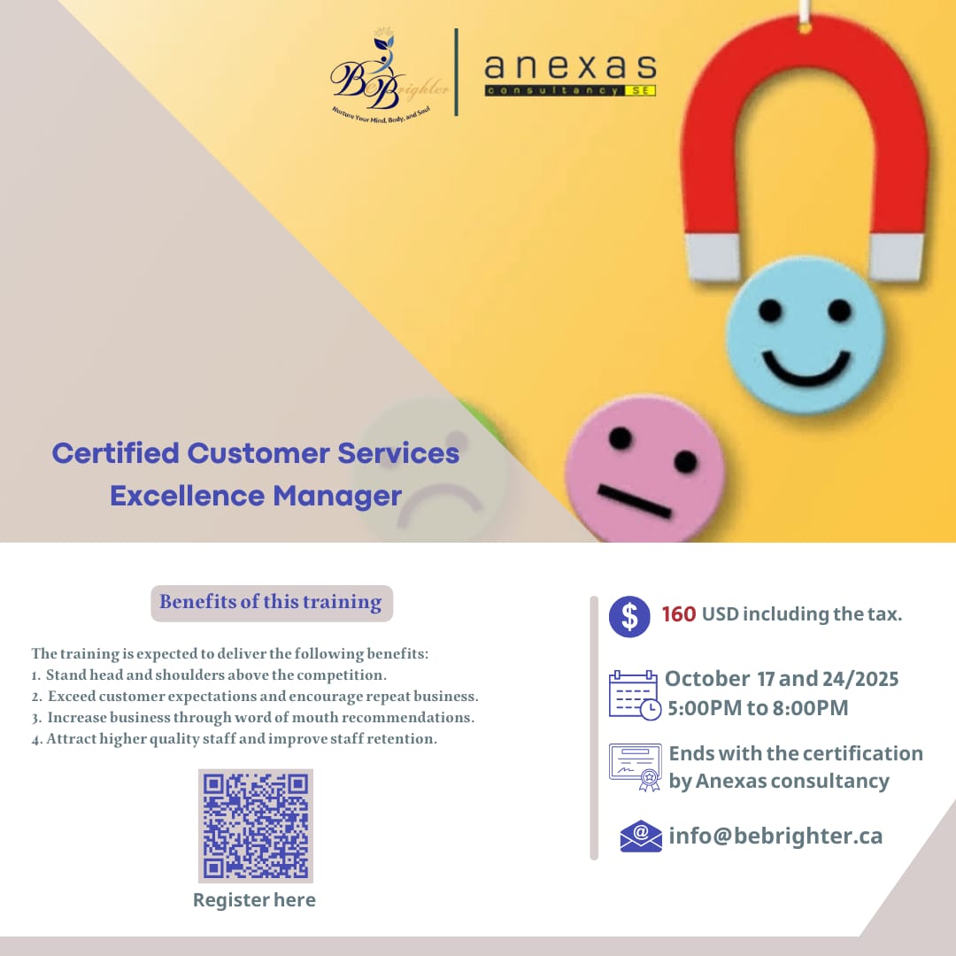 BeBrighter_ca's tweet photo. Certified Customer Services Excellence Manager
https://t.co/6IAcqikDzb

Date: 17 and 24 October, 2025 
Time: 5:00 pm - 8:00 pm KSA Time
Online through Microsoft Teams
Attendance certificate by BeBrighter
Professional Certification certificate by Anexas Consultancy

Follow us on
 https://t.co/VOtTYg2ysV