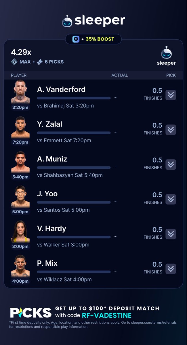 FraudTkachuk's tweet photo. Want to turn $100 ➡️ $500? 

Here’s this weeks edging parlay. No finishes. 

Let’s get it 👊

📊: @statsproptopia 

#alexpereira #UFC320 https://t.co/G9NADxZHE1