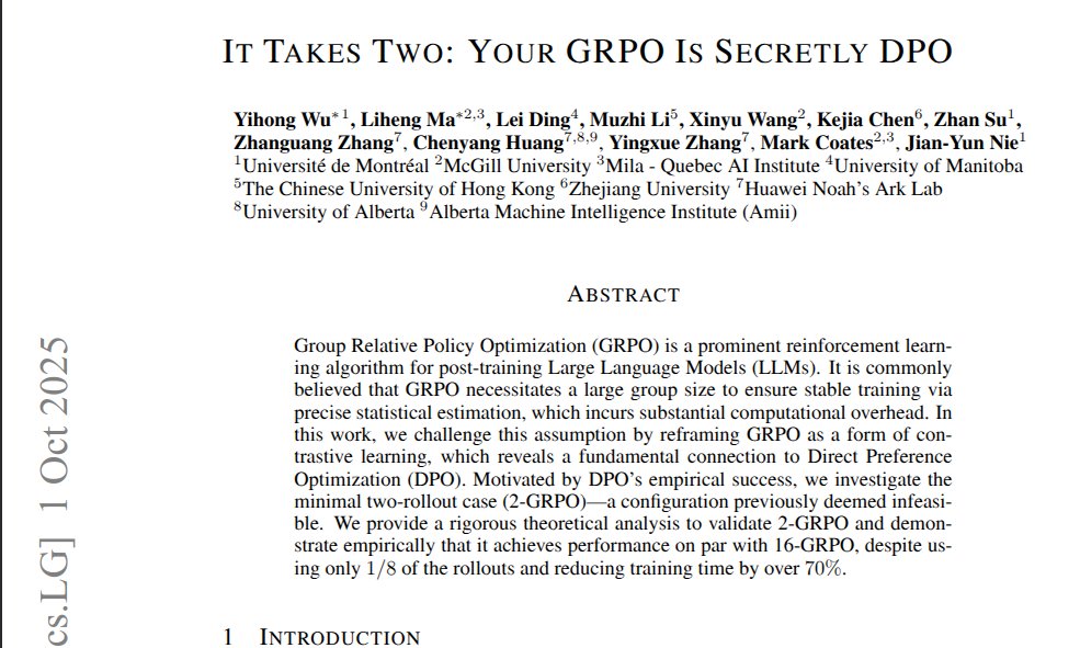 rohanpaul_ai's tweet image. The paper shows that Group Relative Policy Optimization (GRPO) behaves like Direct Preference Optimization (DPO), so training on simple answer pairs works.
Turns a complex GRPO setup into a simple pairwise recipe without losing quality.
This cuts tokens, compute, and wall time,…