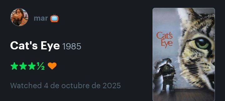 día cuatro: antología 

"cat's eye" 1985 

las tres historias son buenísimas pero era obvio que la última me iba a robar el corazón 😭

#31pedacitosdeterror <a href="/Pedacitosterror/">Carlita💀</a>