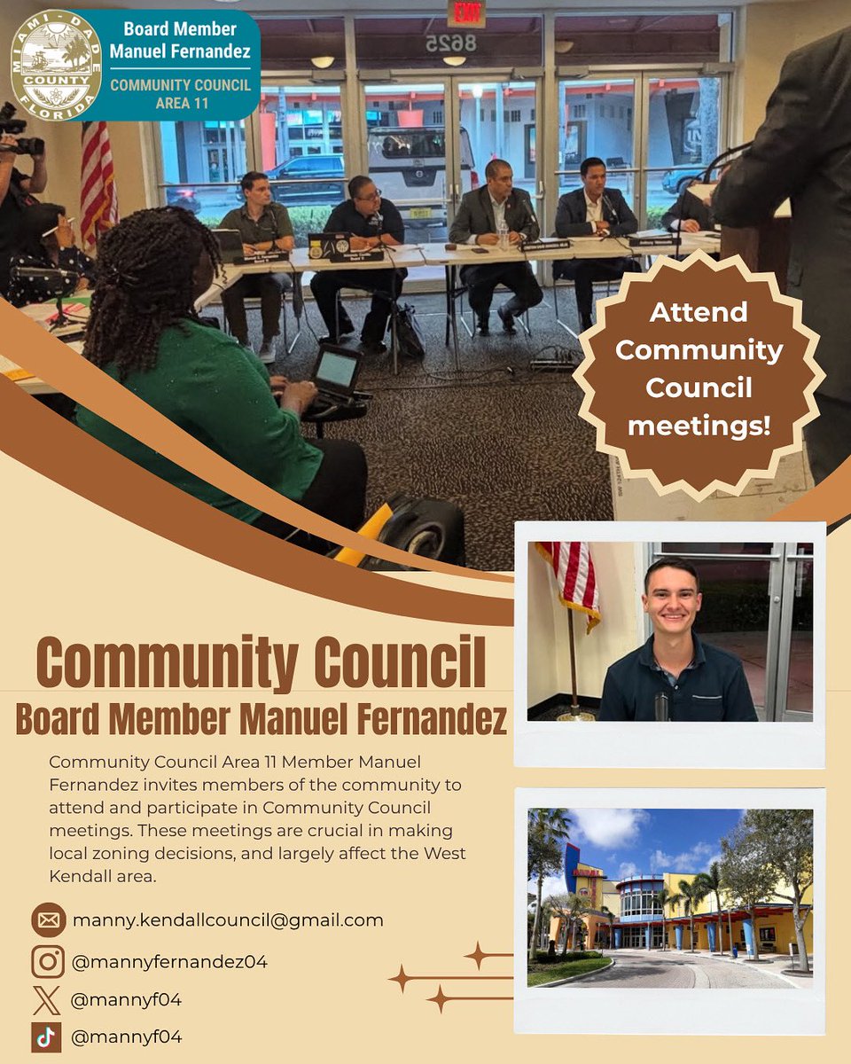 MannyF04's tweet image. I strongly encourage residents in #WestKendall to attend Community Council  meetings and make their voices heard on local zoning issues. These council meetings are crucial in making decisions and can impact all our lives.

Let’s make West Kendall a better place to live!