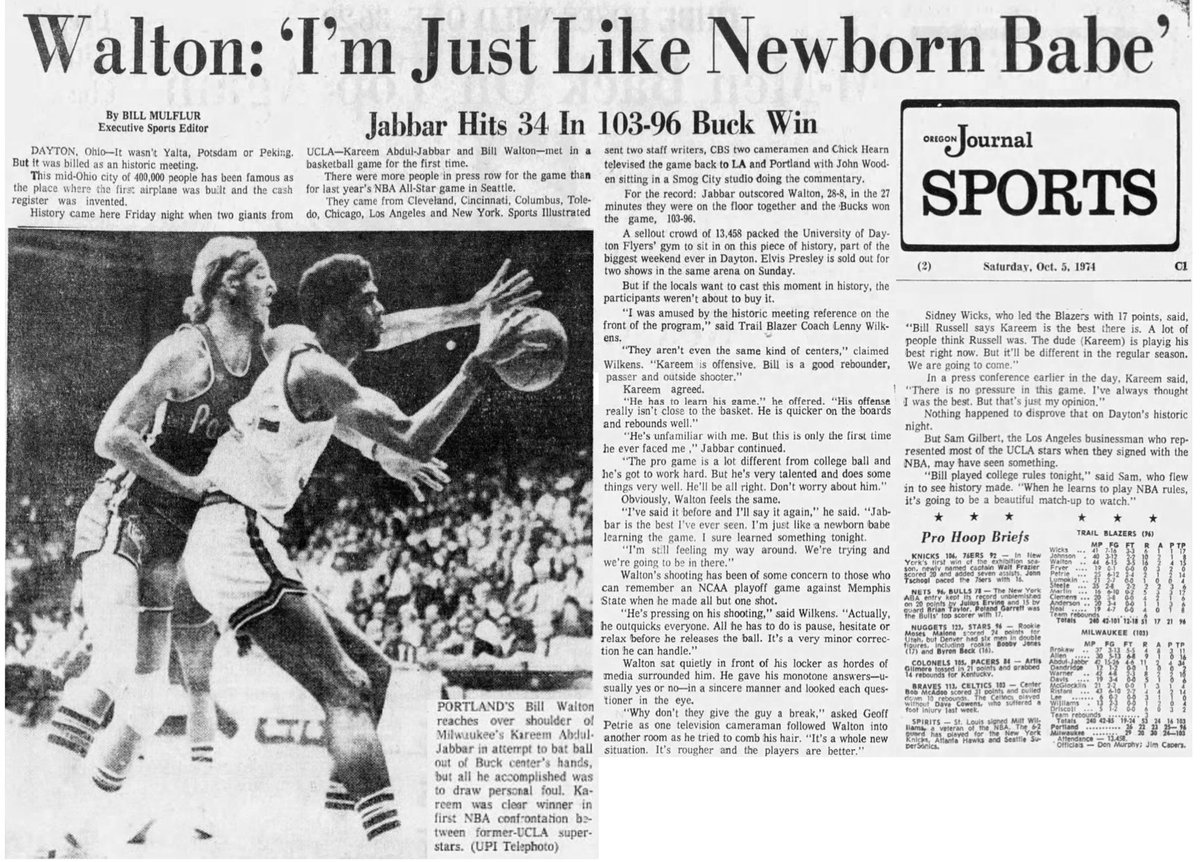 77Blazers's tweet image. October 4, 1974 - In the much anticipated game, #BillWalton faced @kaj33 for the first time in #Dayton, Ohio.

The veteran @Bucks center easily outscored the @trailblazers rookie 34-15, but Walton out-rebounded Abdul-Jabbar 16-11. "He is quicker on the boards and rebounds well,"
