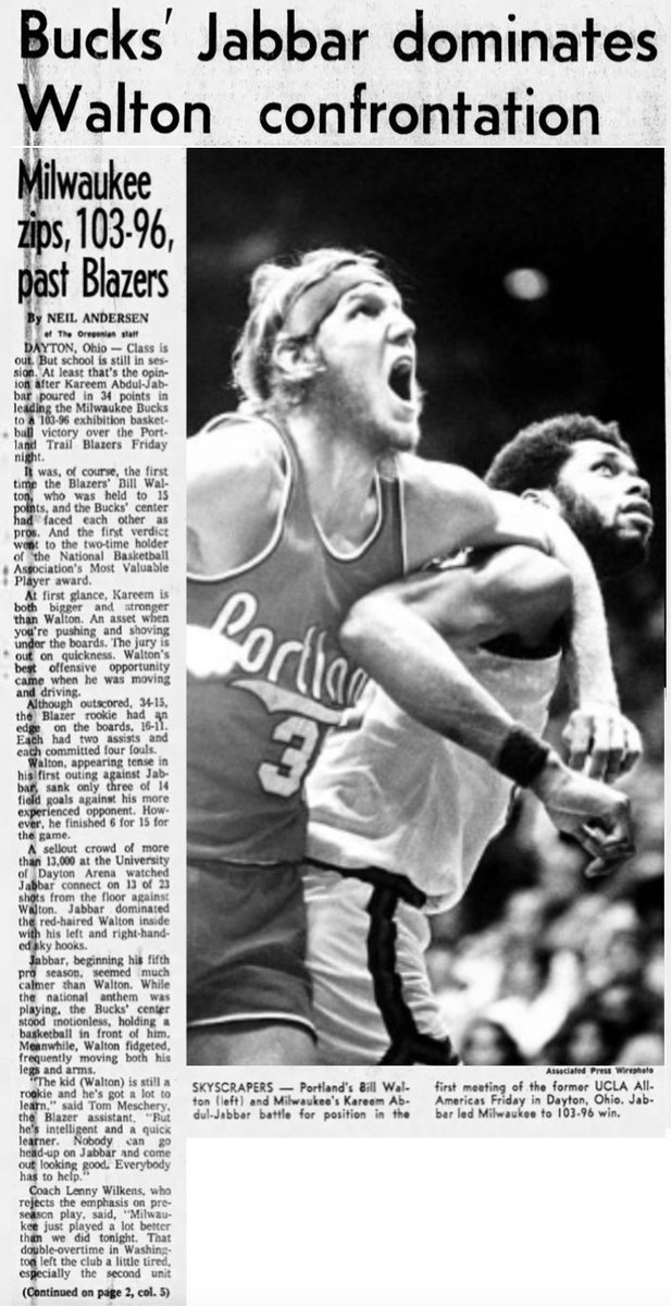 77Blazers's tweet image. October 4, 1974 - In the much anticipated game, #BillWalton faced @kaj33 for the first time in #Dayton, Ohio.

The veteran @Bucks center easily outscored the @trailblazers rookie 34-15, but Walton out-rebounded Abdul-Jabbar 16-11. "He is quicker on the boards and rebounds well,"