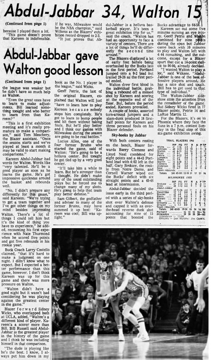 77Blazers's tweet image. October 4, 1974 - In the much anticipated game, #BillWalton faced @kaj33 for the first time in #Dayton, Ohio.

The veteran @Bucks center easily outscored the @trailblazers rookie 34-15, but Walton out-rebounded Abdul-Jabbar 16-11. "He is quicker on the boards and rebounds well,"
