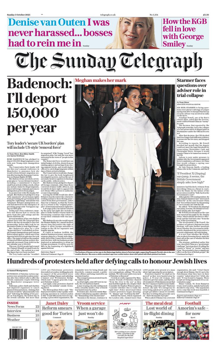 Telegraph's tweet image. The front page of today&apos;s Sunday Telegraph:

&apos;Badenoch: I’ll deport 150,000 per year&apos;

#TomorrowsPapersToday