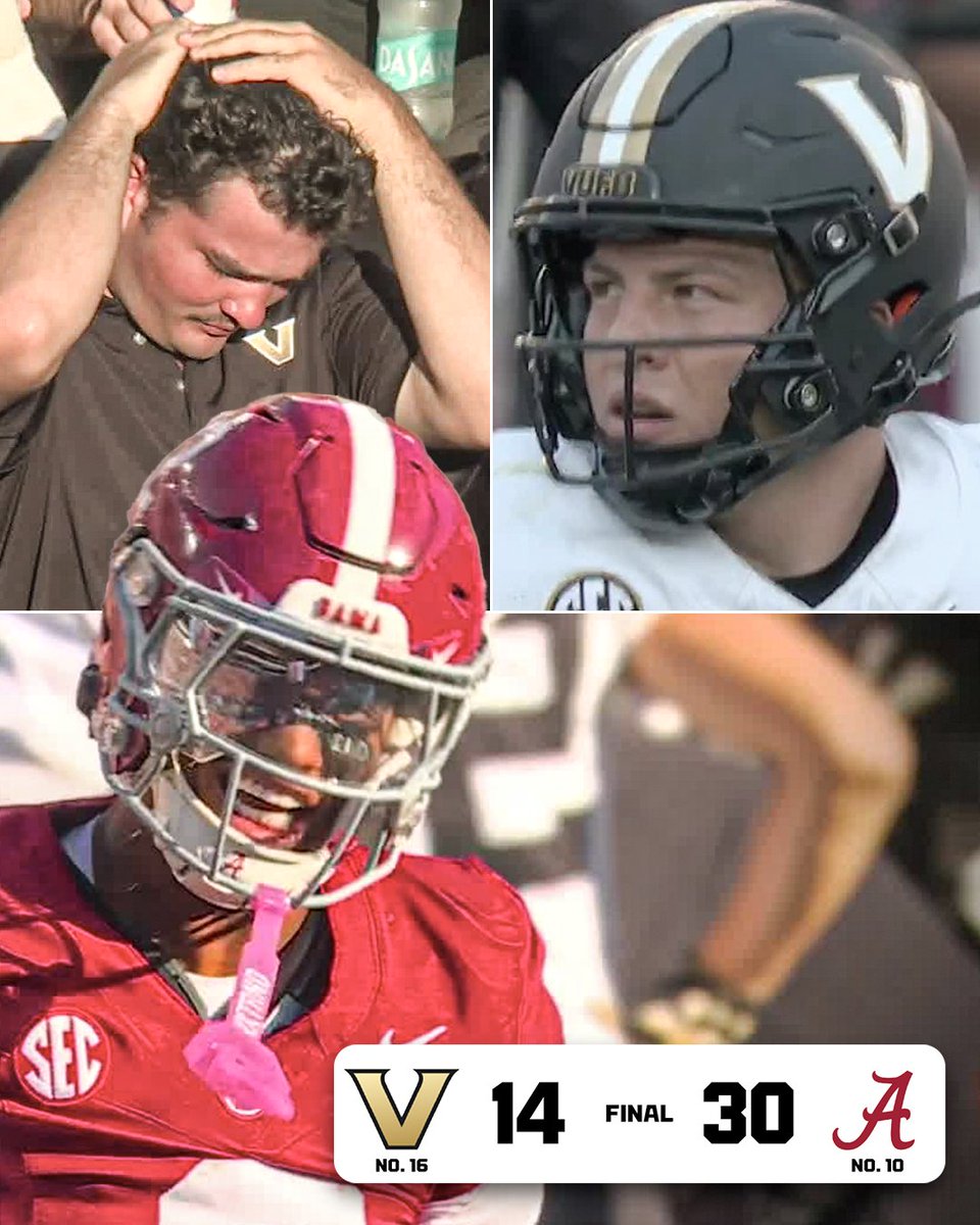 SportsCenter's tweet photo. ALABAMA AVENGES LAST YEAR'S UPSET LOSS TO VANDY 😮

Diego Pavia and Vanderbilt are handed their first loss of the season. https://t.co/gIVy1AwrQb
