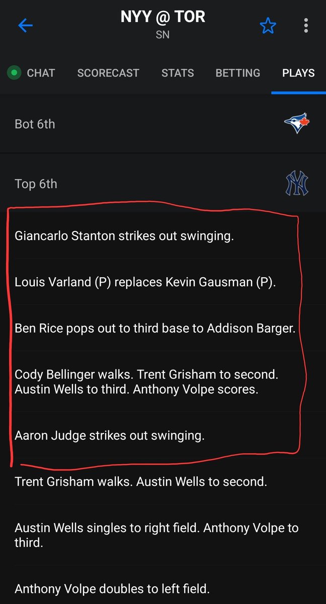 The moment of the game. Gausman bent but absolutely did not break. Strikes out Judge and gets Rice to pop up before Varland cleans it up. What a performance!