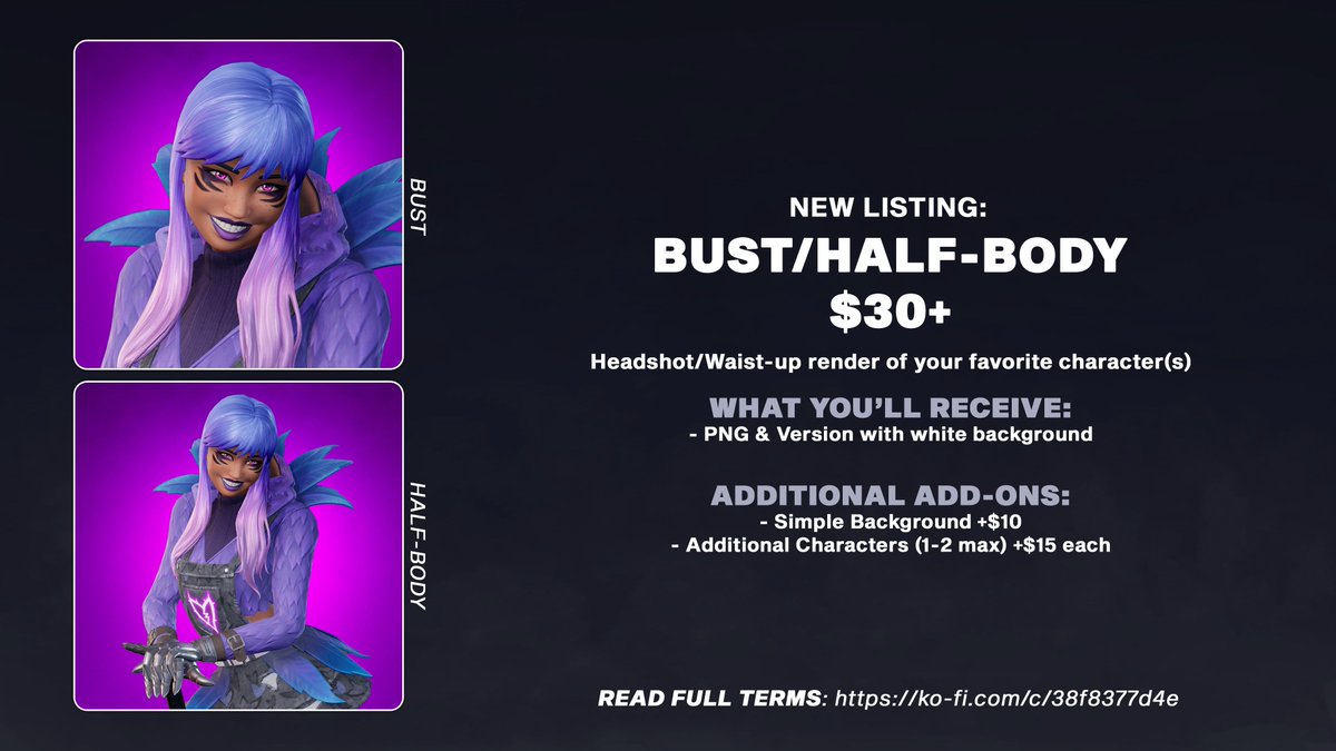 Helloo! I still have 3 open slots for my commissions 🫶

Thank you so much for the interest, I'm able to make art of practically any Fortnite outfit - just please ask first. ❤️