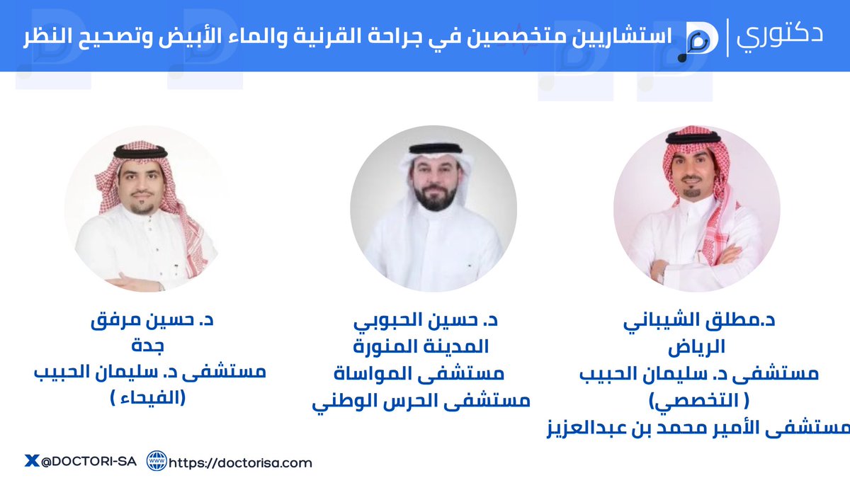 استشاريون متخصصون في جراحة القرنية والماء الأبيض وعمليات تصحيح النظر

#استشاريون_سعرديون #منصة_دكتوري #صحة 

<a href="/drmutlaqsh/">د.مطلق الشيباني</a> 
<a href="/Husain_Omran/">د. حسين الحبوبي</a> 
<a href="/H_Morfeq/">د.حسـين مرفق Hussein Morfeq</a>