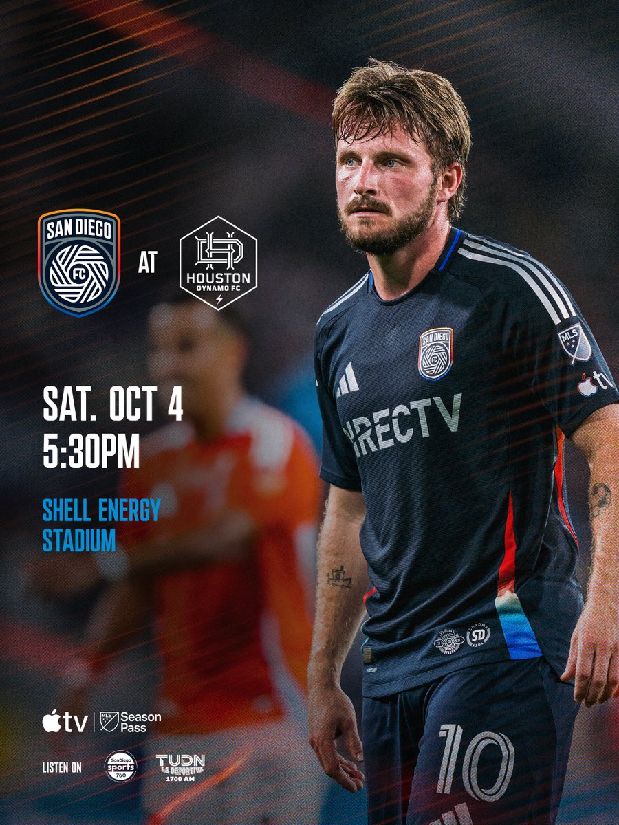 sandiegofc's tweet photo. Tonight. 

🆚 @HoustonDynamo
📍 @ShellEnergyStdm
⌚️5:30 PM 
📺 @MLS Season Pass on @AppleTV
📻 @Sports760, @TudnRadio 1700 https://t.co/mqVPLjokGB
