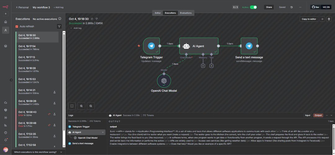 onekiddoblisss's tweet image. Day 02 of self learning AI and Automation using N8N 

Built a Telegram bot, Triggered by incoming messages, it chats with GPT using an AI agent node. The bot then sends smart replies back to the user via Telegram. 

#automation #AI #TelegramBot #n8n